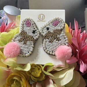 Laura Janelle Beaded Easter Bunny With Pink Pom-Pom Tails Pierced Earrings - NWT